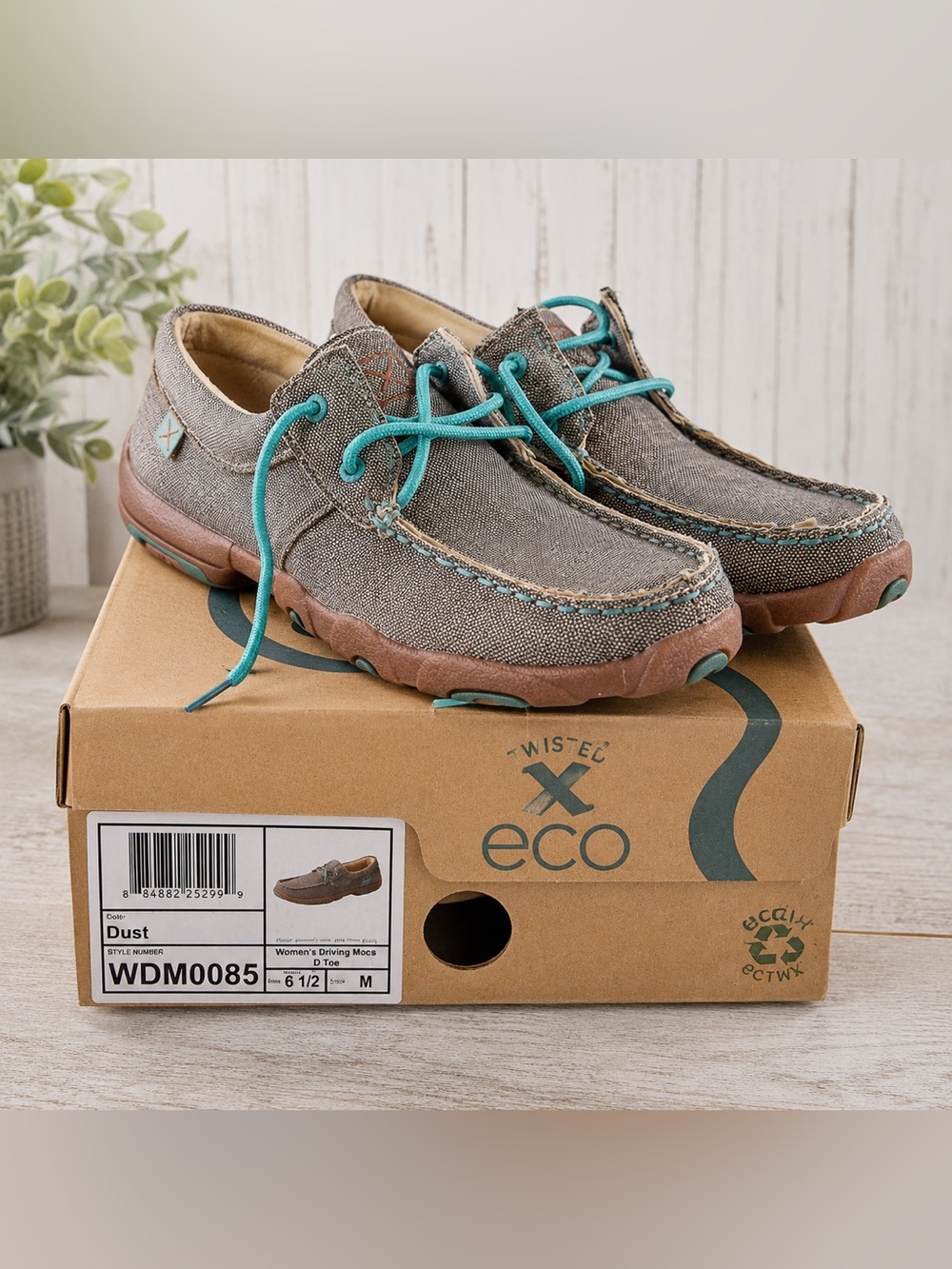 Twisted X Eco Women's Gray Canvas Driving Mocs with Teal Laces